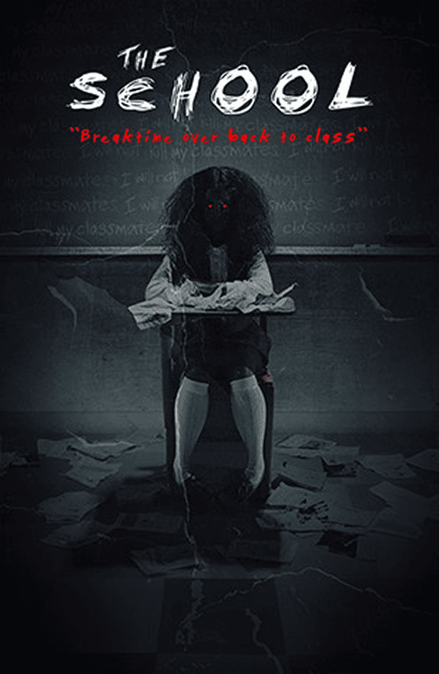 A girl crouched among scattered papers in a classroom